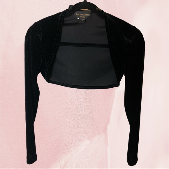 Jessica McClintock Sweaters - Jessica McClintock - Y2K - Jet Black Velvety Formal Cropped Shrug Cover Sweater